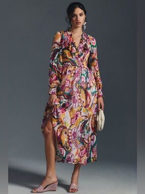 Anthropolgie Odetta Ruffled V-Neck Dress in Multi Color Size Small